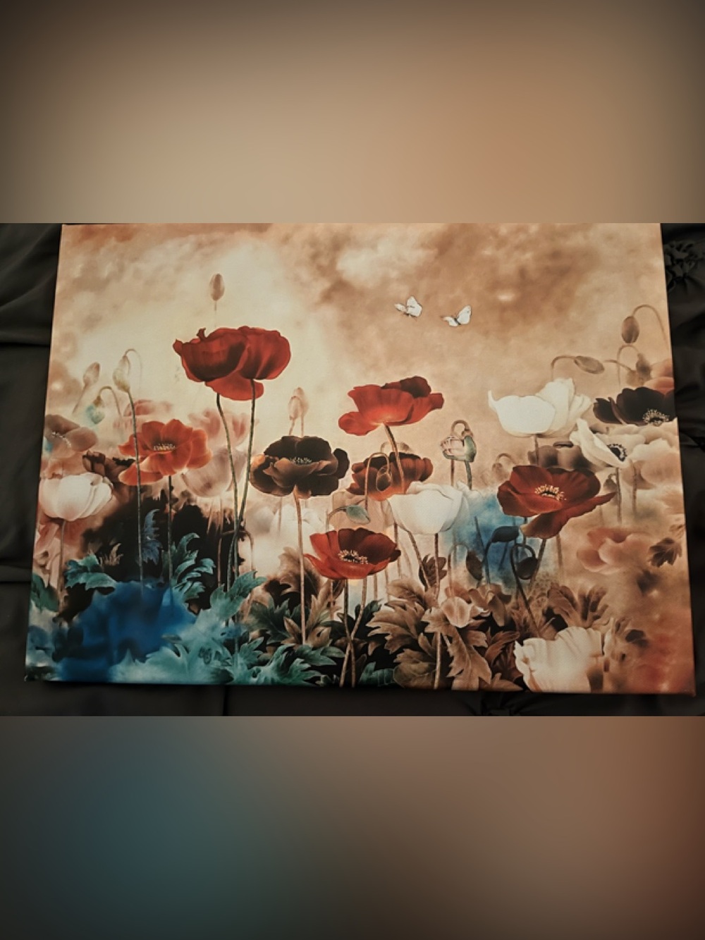 Floral Poppy Wall Art Canvas in Red, White & Teal approx 12X15 inches not framed